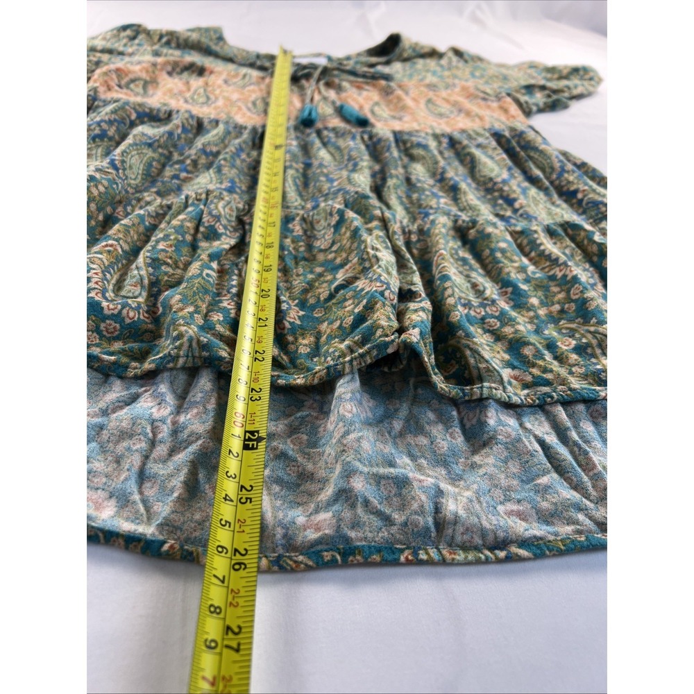 DR2 Women's Medium Short Sleeve Paisley Floral Teal Orange Flowy Boho Blouse Top - Picture 3 of 7